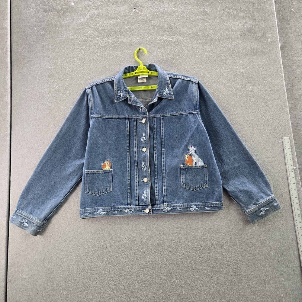 VINTAGE The Disney Store Women Jacket XL Blue Denim Trucker Lady And Tramp READ